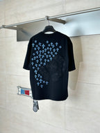 Black short-sleeve T-shirt with blue snowflake pattern and large chest emblem