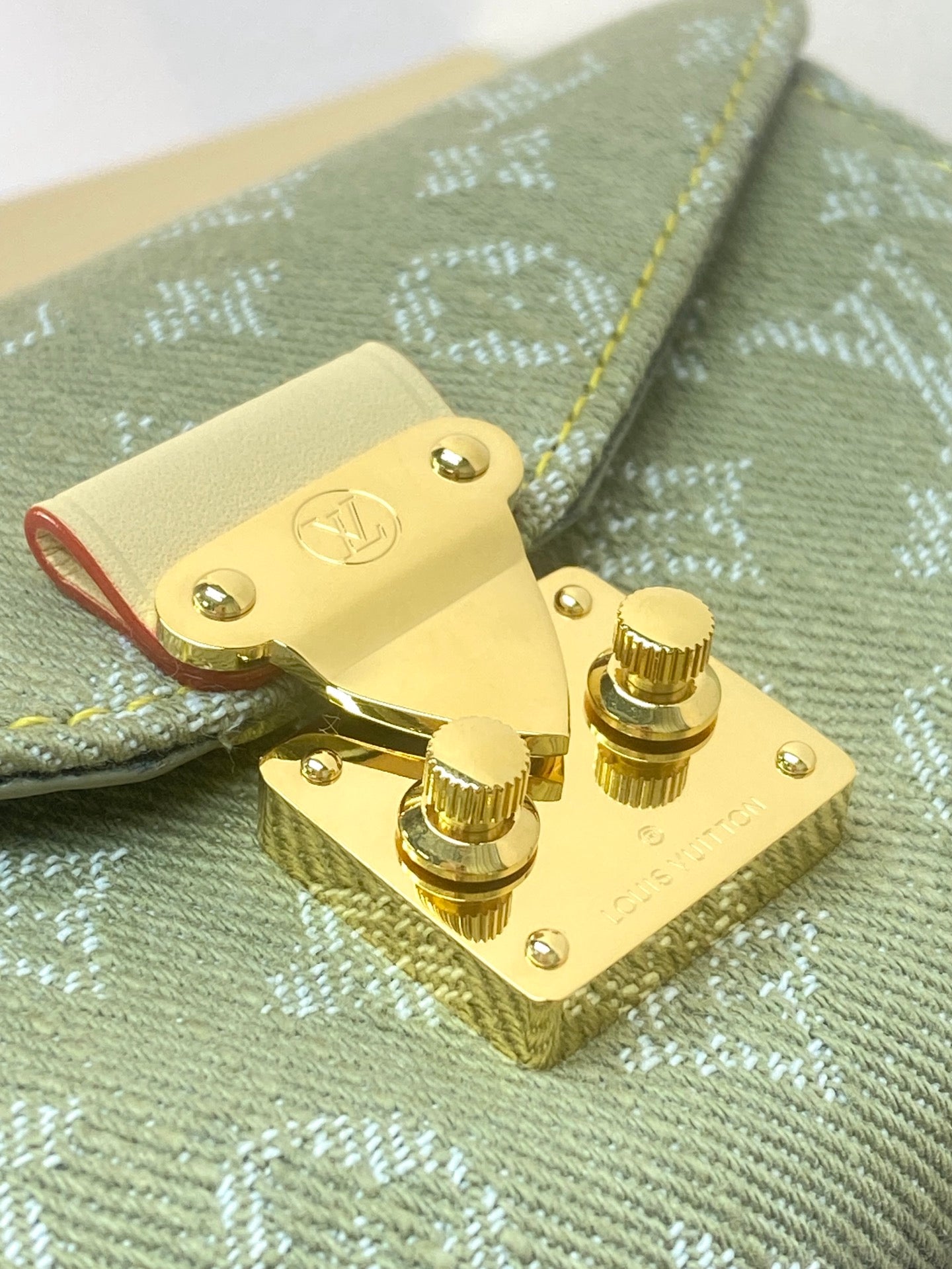 Louis Vuitton bag clasp and gold-tone hardware on green patterned canvas