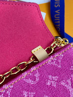 Louis Vuitton bag strap with gold chain, clasp, and purple fabric