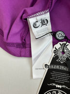 Chrome short-sleeve T-shirt collar area, purple with white size label and black crest tag