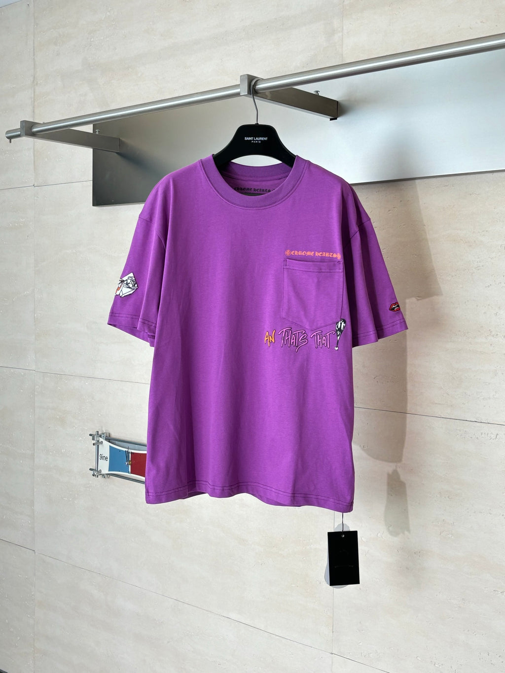 Chrome short-sleeve T-shirt, purple with front chest graphic and logo on sleeve