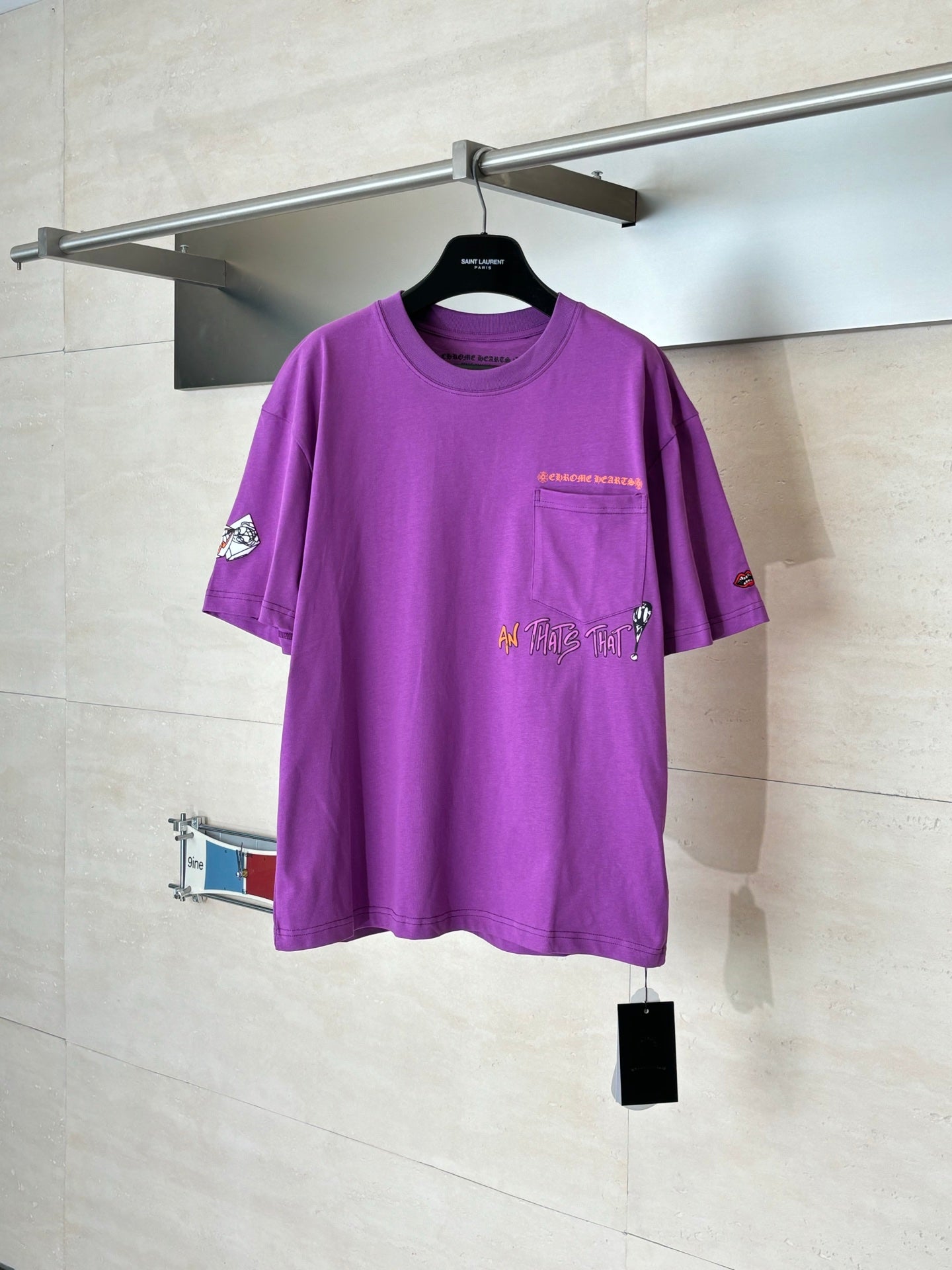 Chrome short-sleeve T-shirt, purple with front chest graphic and logo on sleeve