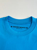 Blue crew-neck T-shirt with printed collar logo text