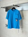 Blue graphic T-shirt with small chest logo and large chest print on front