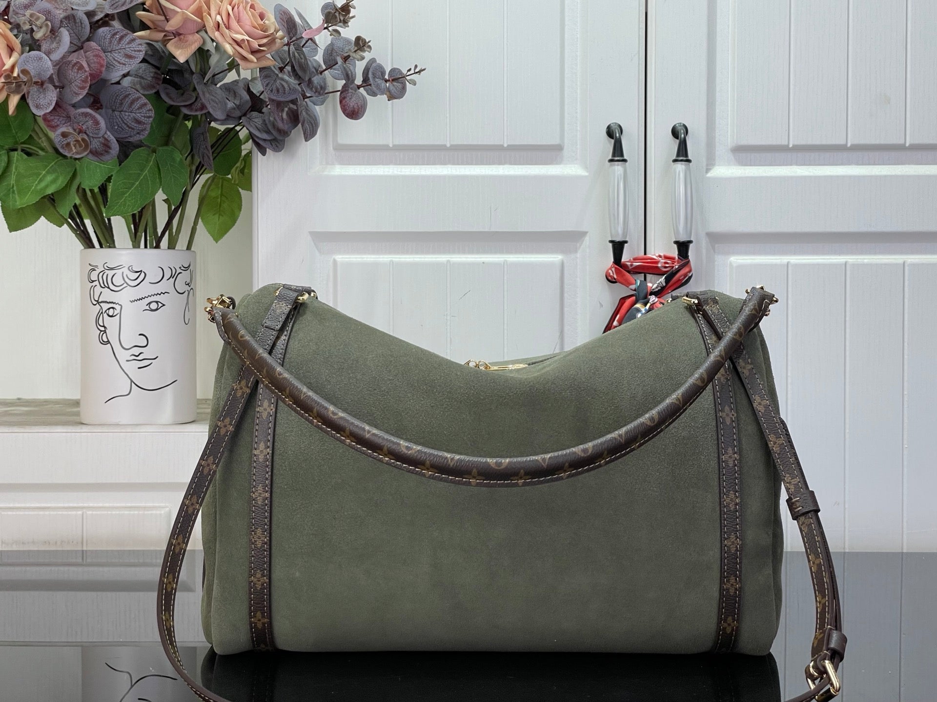 Louis Vuitton hobo shoulder bag in olive green with brown monogram crossbody strap