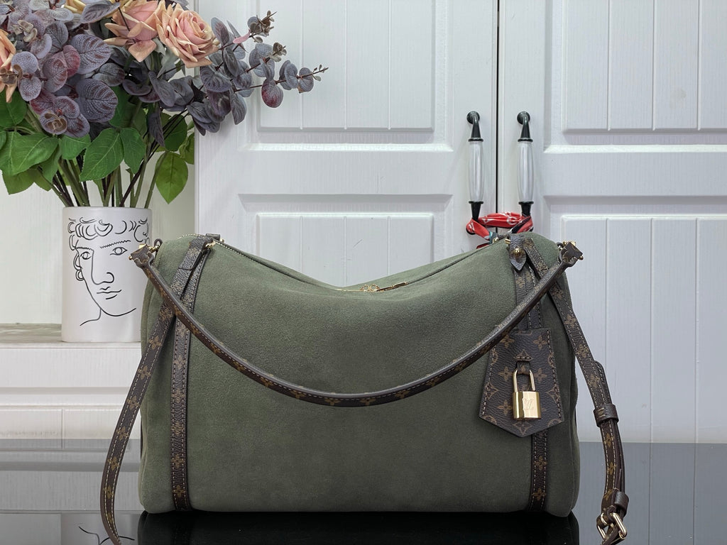 Louis Vuitton shoulder bag, olive green with brown monogram trim and shoulder strap