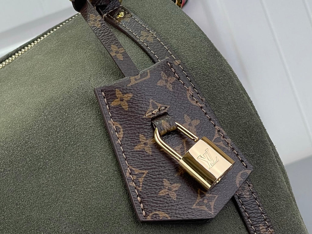 Louis Vuitton bag corner detail: monogram patch with gold lock on olive green fabric