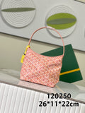 Goyard pink patterned tote bag with curved top handles and small hardware tag