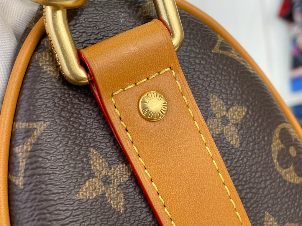 Tan leather strap with gold ring and round emblem on monogram canvas bag