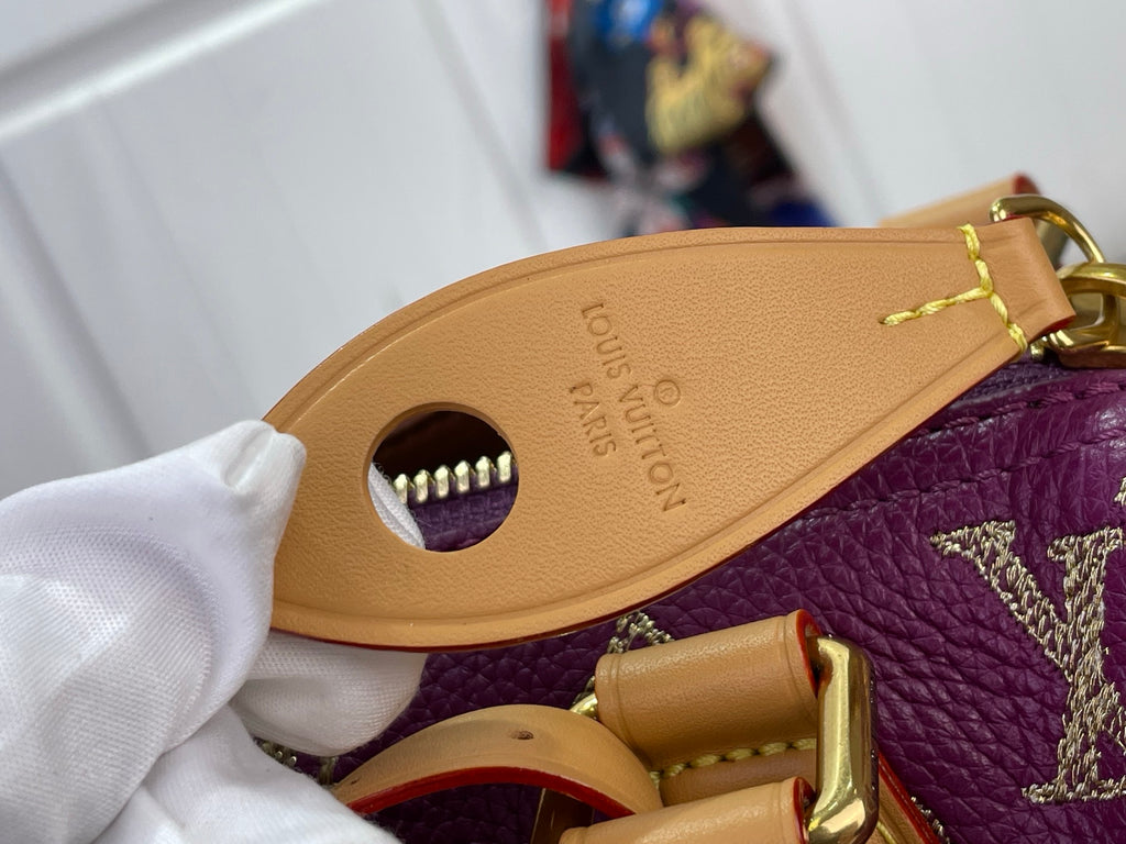 Louis Vuitton strap end in tan leather with gold trim on purple monogram bag
