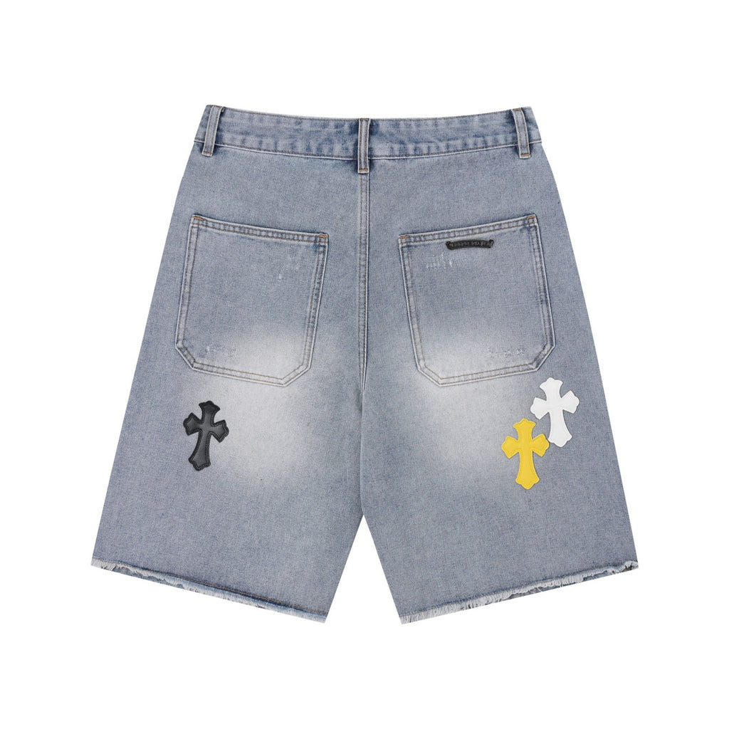 Light-wash denim shorts with front cross patches and back pocket seams