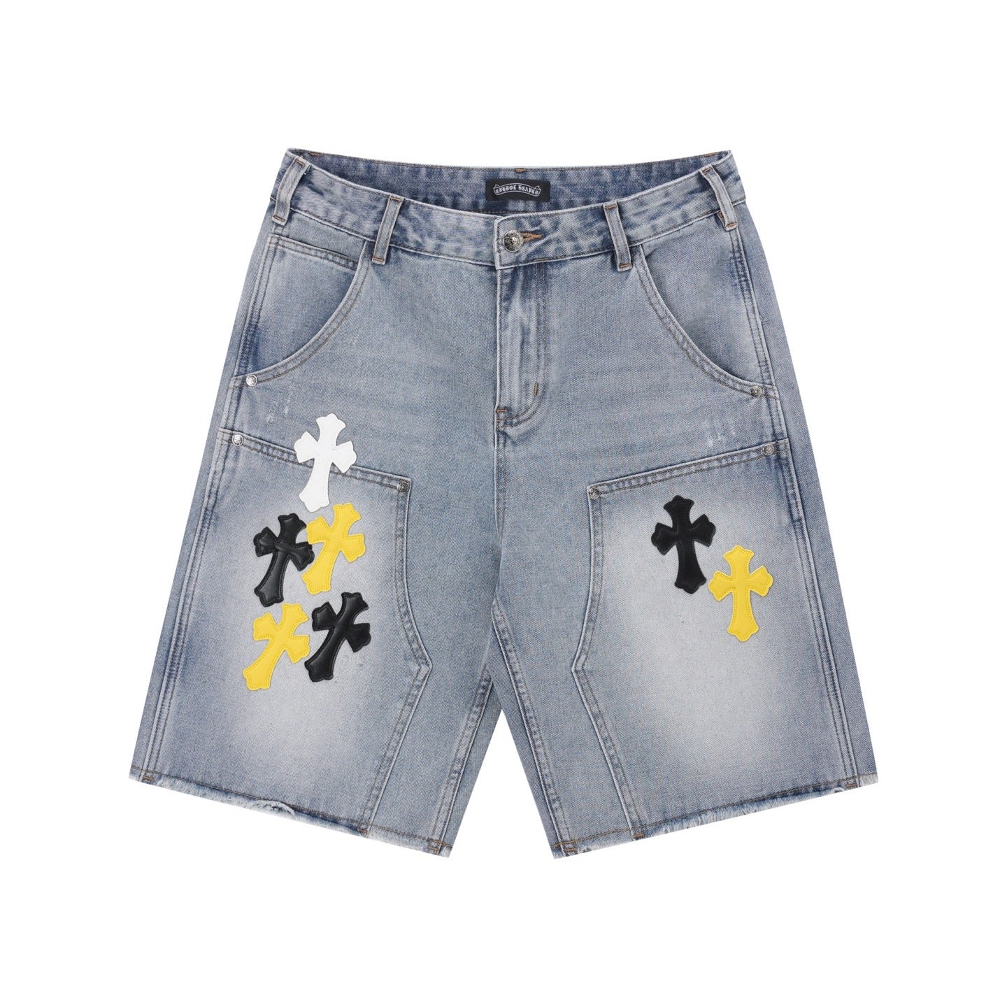 Light-wash denim shorts with embroidered cross patches in black and yellow
