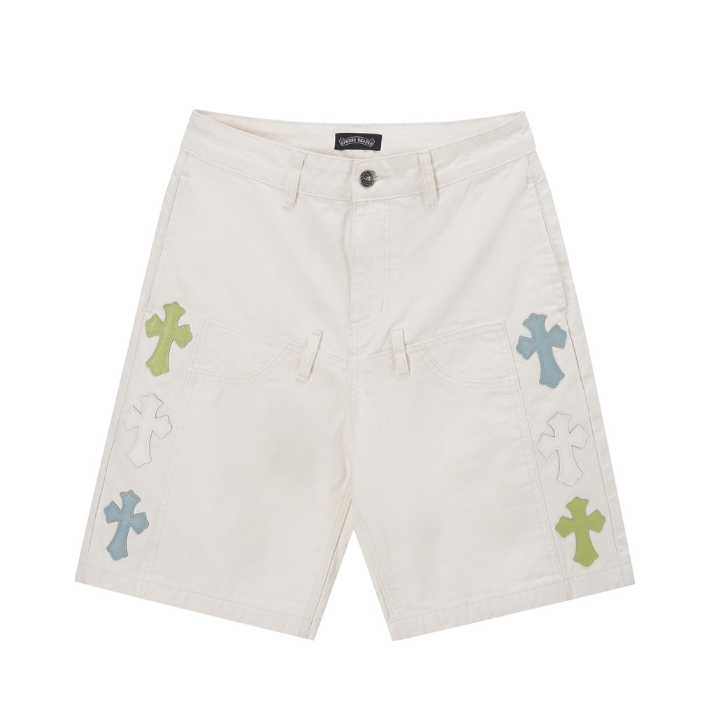 White shorts with multicolor cross patches and front button closure