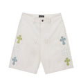White shorts with multicolor cross patches and front button closure
