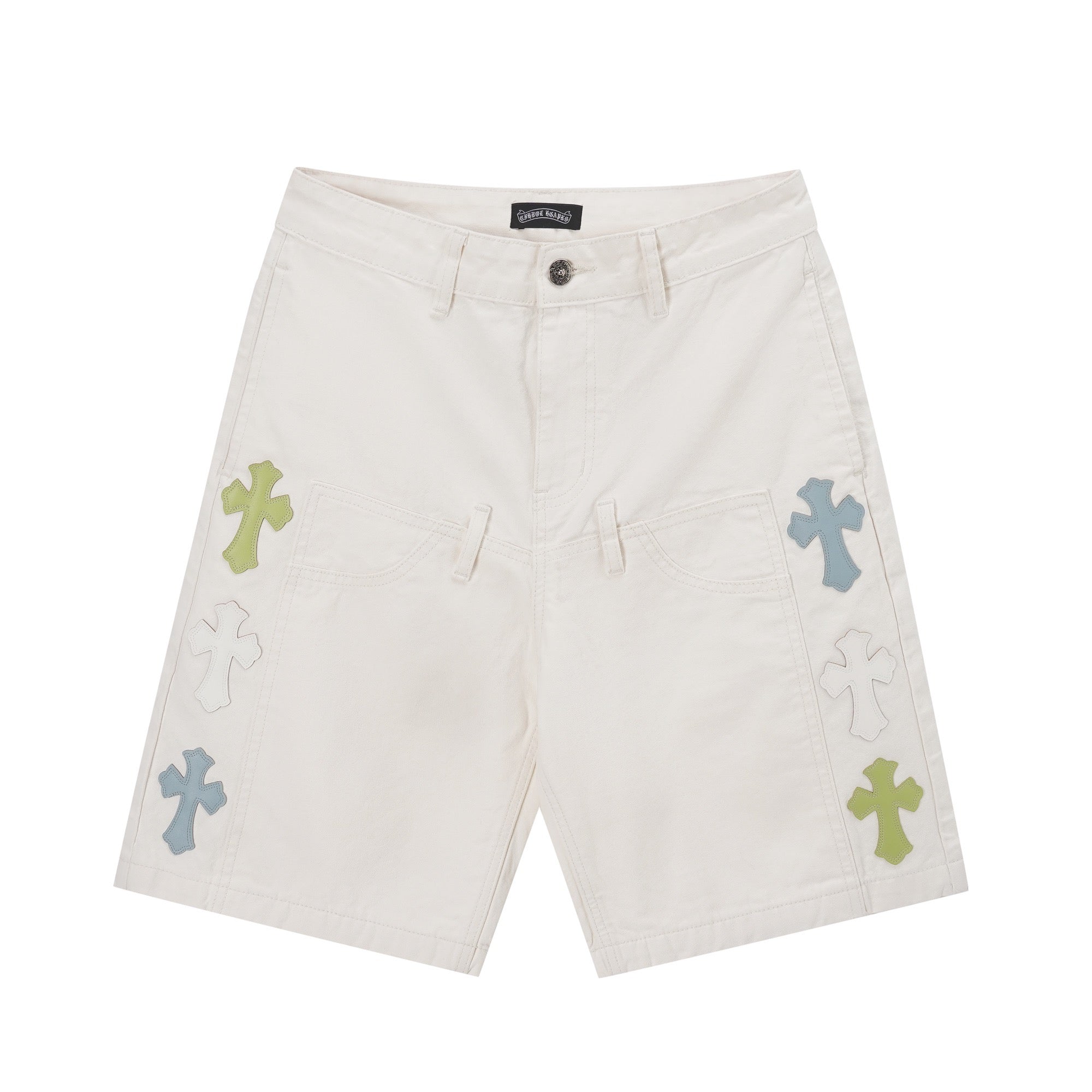 White shorts with multicolor cross patches and front button closure