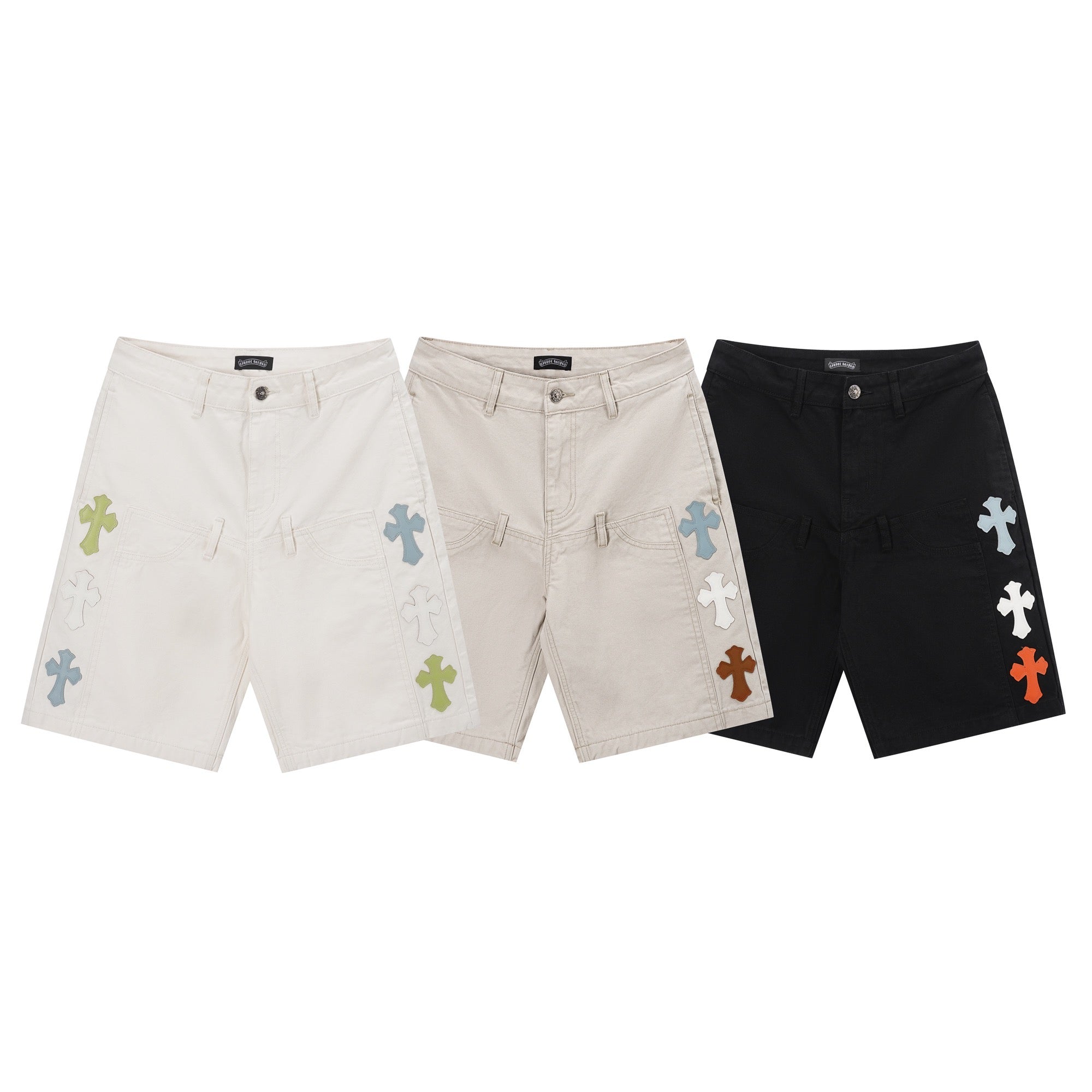 Set of cross-print shorts in white, beige, and black