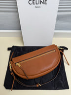 Celine brown leather bag with zipper front and gold clasp