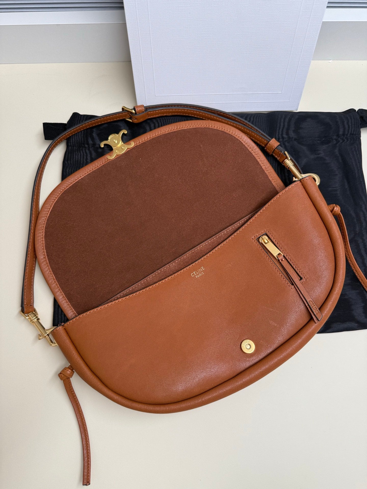 Celine brown leather crossbody bag with top handle and adjustable strap