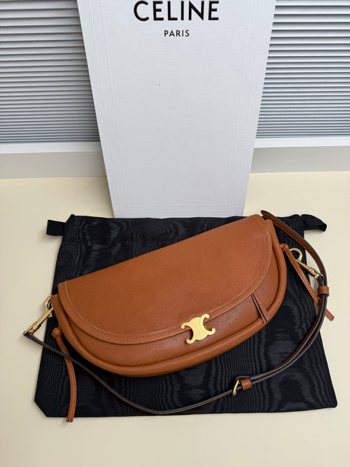 Celine brown leather crossbody bag with flap and gold logo
