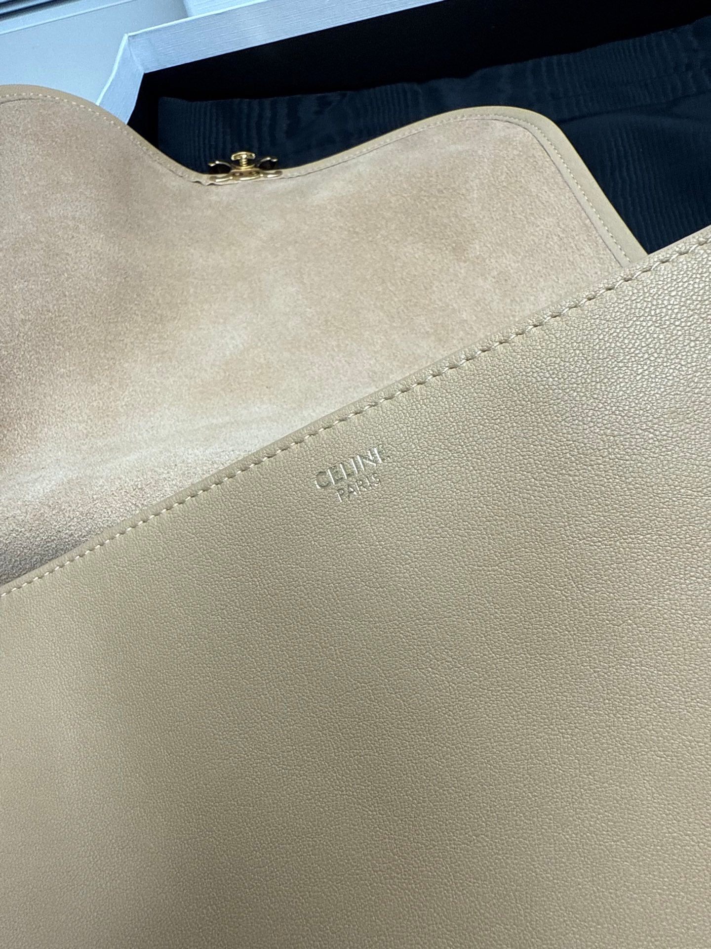 Celine beige leather crossbody bag back with small embossed brand mark