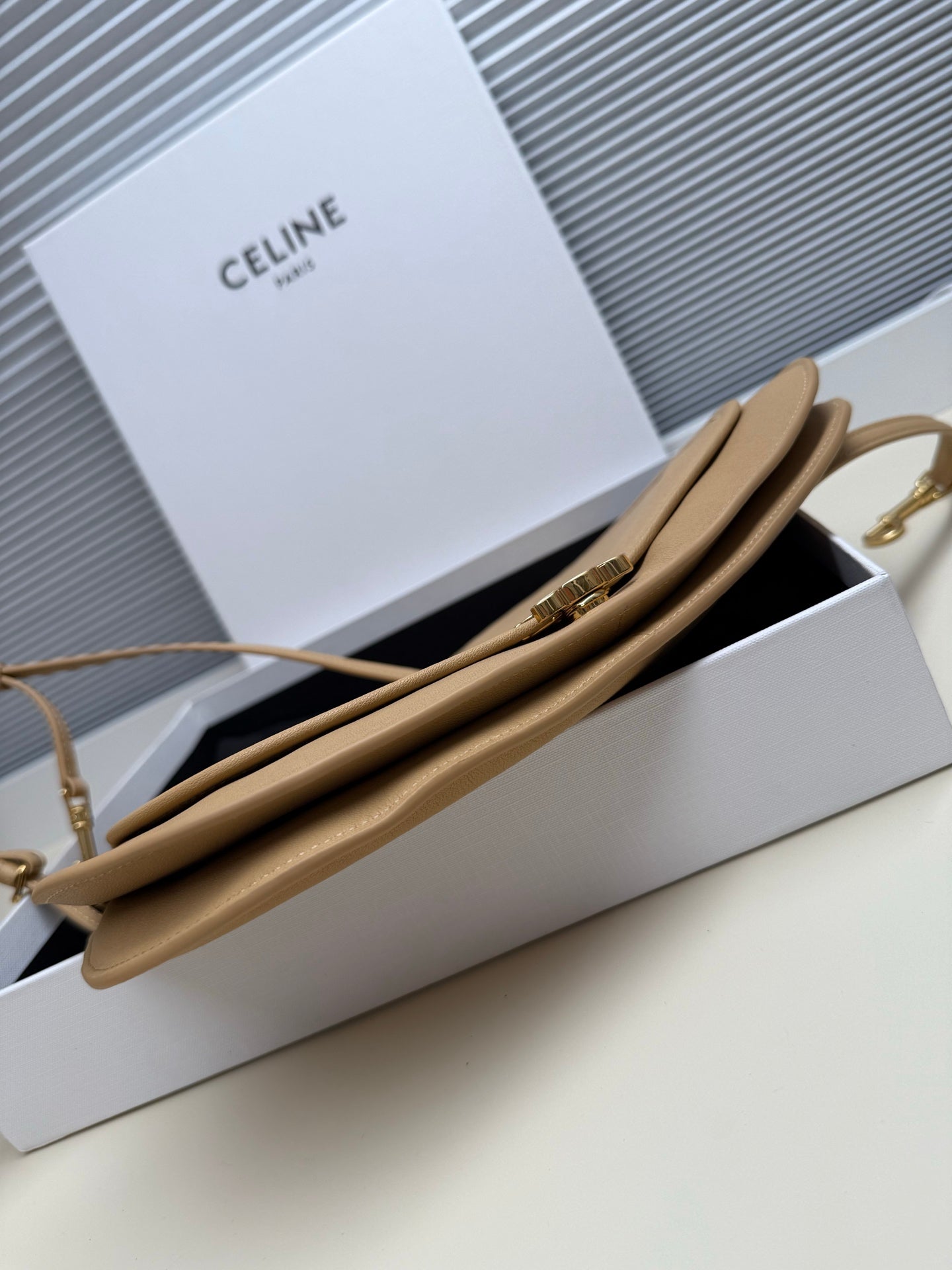 Celine beige leather crossbody bag in box with shoulder straps and gold hardware