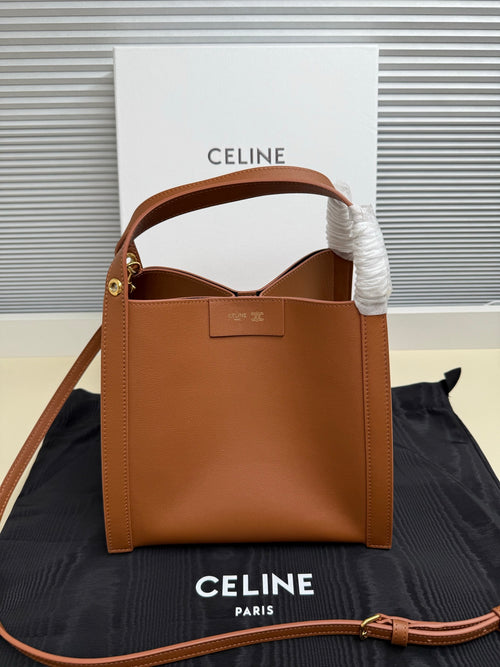Celine tan leather mini handbag with top handle and gold-tone hardware