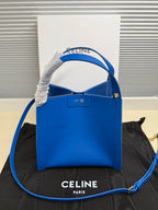 Celine blue leather tote bag with top handle and long shoulder strap