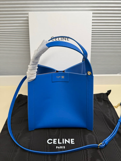 Celine blue leather tote bag with top handle and long shoulder strap