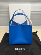 Celine blue leather tote bag with top handle and structured front panel