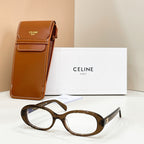 Celine eyeglasses with brown tortoiseshell frames and clear lenses, next to a leather case