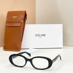 Celine eyeglasses with dark frames and clear lenses, presented with a brown leather case