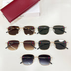 Three pairs of gold-tone aviator sunglasses with dark lenses, shown on white surface