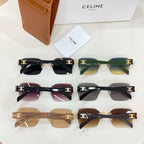 Assorted Celine sunglasses with multicolor frames and tinted lenses, plus brown leather case.