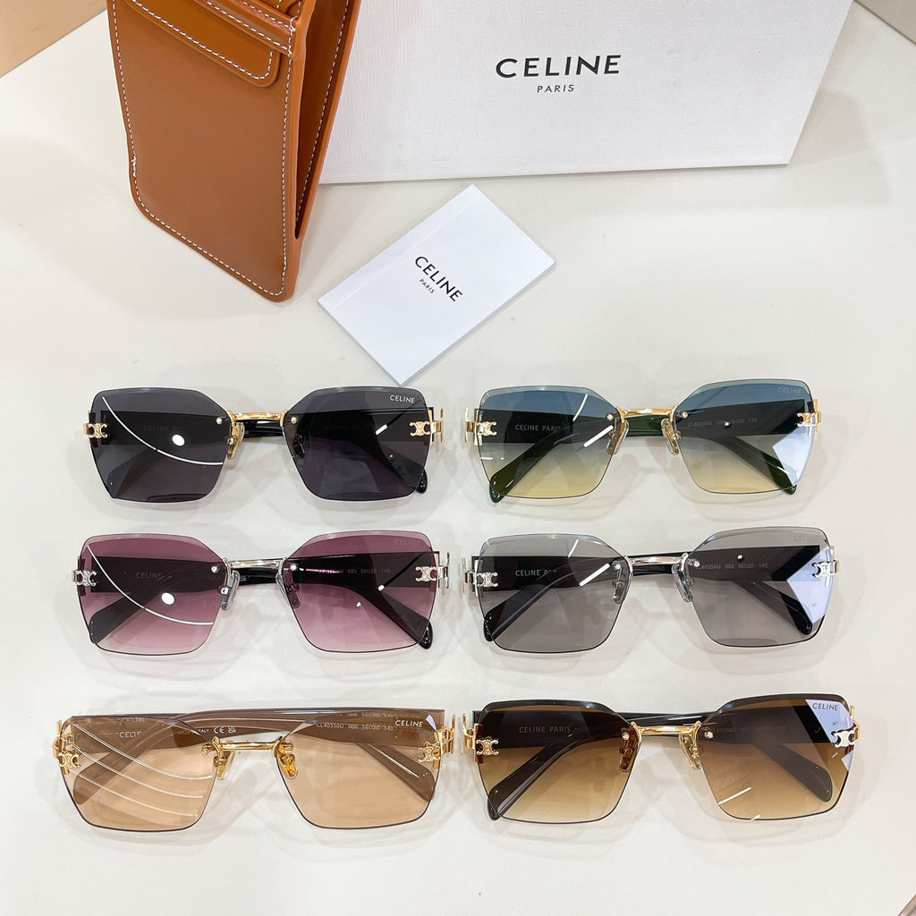 Assorted Celine sunglasses with mixed frames and tinted lenses, plus brown leather case.