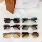 Assorted Celine sunglasses with mixed frames and tinted lenses, plus brown leather case.