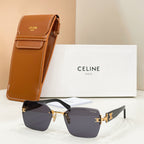 Celine sunglasses with gold frame, dark gray lenses, and brown leather case.