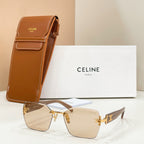 Celine sunglasses with gold frame, beige gradient lenses, and brown leather case.
