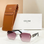 Celine sunglasses with silver frame, pink-purple gradient lenses, and brown leather case.