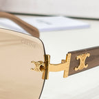 Celine sunglasses close-up of gold logo temple and dark tinted lens.