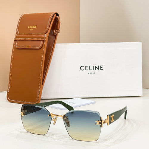 Celine sunglasses with gold frame, blue gradient lenses, and brown leather case.