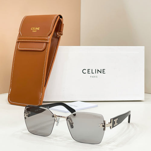 Celine sunglasses with silver frame, gray lenses, and brown leather case.