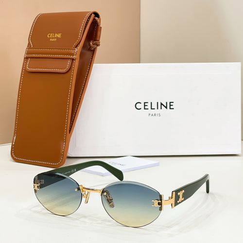 Round-to-cat-eye sunglasses with gold frame, green mirrored lenses, and brown temple tips.