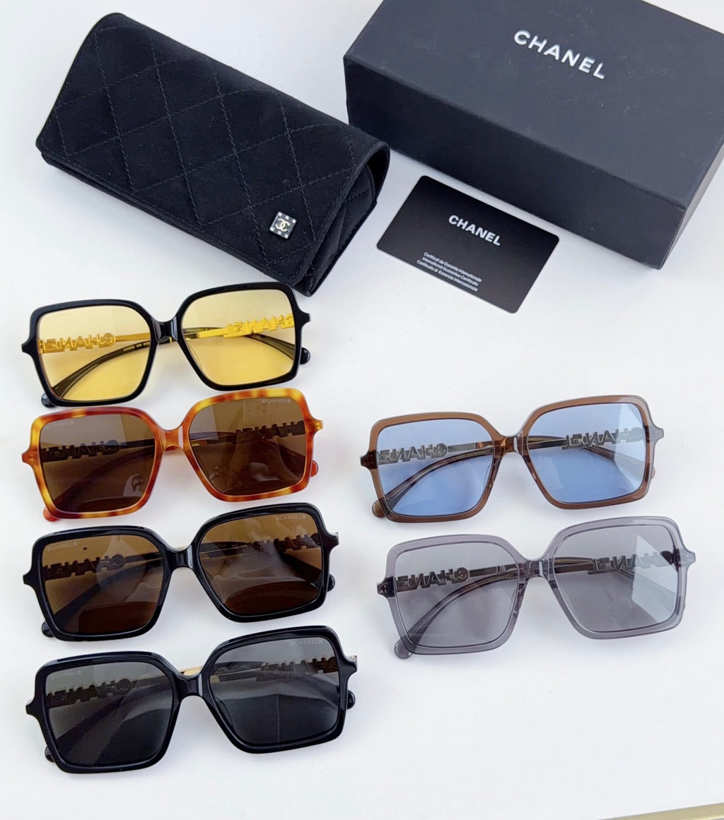 Chanel square sunglasses set with mixed frames and tinted lenses, plus case and cards