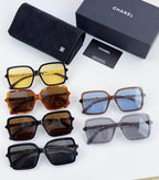 Chanel square sunglasses set with mixed frames and tinted lenses, plus case and cards