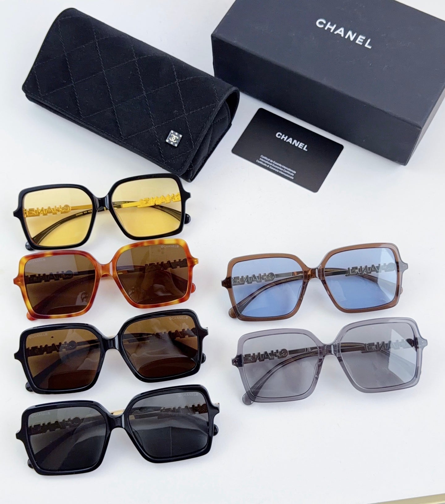 Chanel square sunglasses set with mixed frames and tinted lenses, plus case and cards