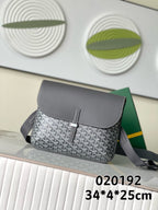 Goyard patterned shoulder bag with gray flap and adjustable crossbody strap