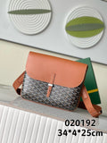 Patterned satchel bag with tan flap, buckle detail, and crossbody strap