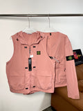 Pink Stone Island hooded zip vest with front pockets and black logo patches