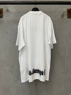 White graphic T-shirt with crew neck and short sleeves, back view