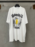 Balenciaga white graphic T-shirt with front drum-style print and yellow accent